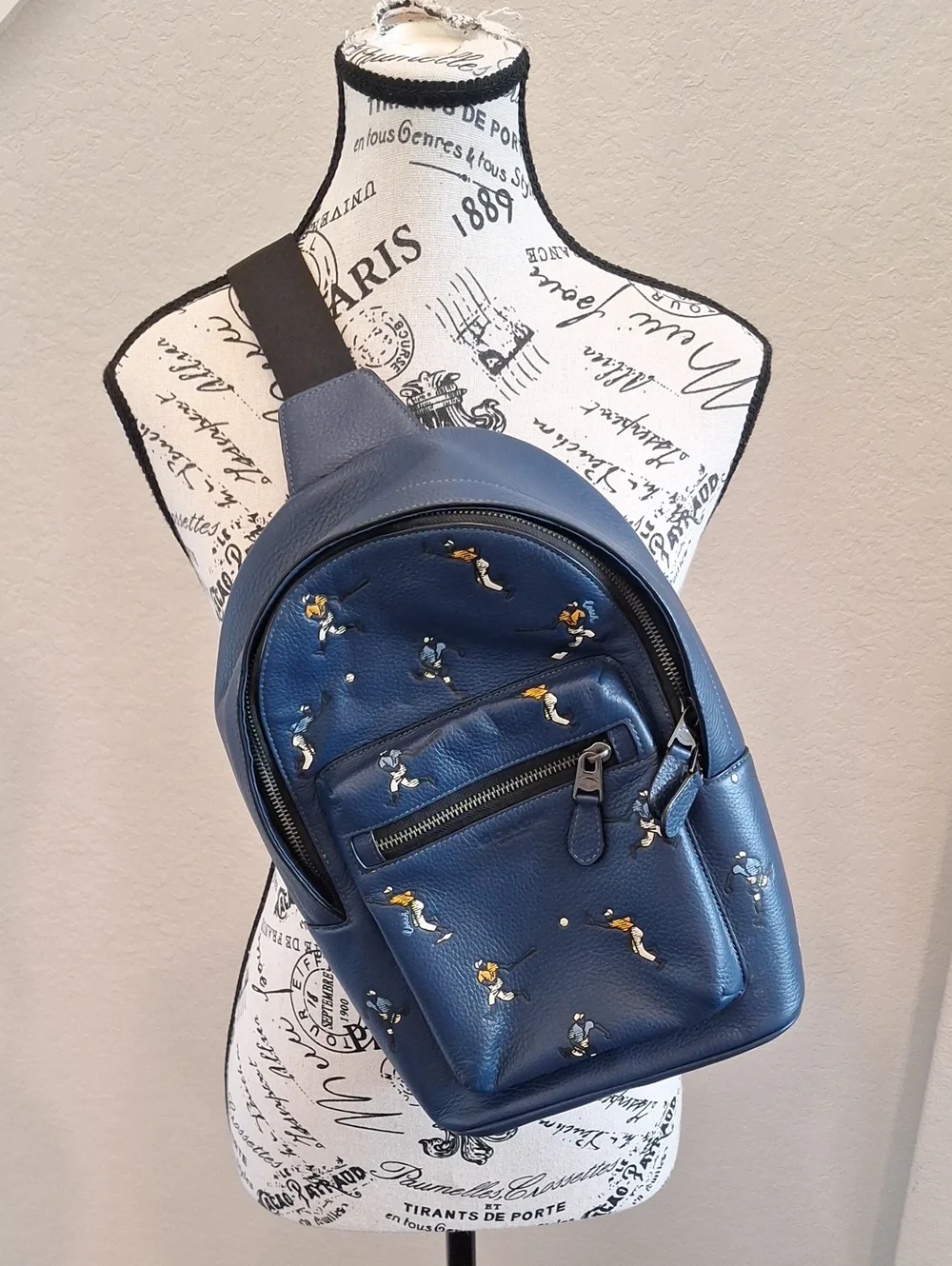Coach West Backpack With Baseball Print Navy Blue Pebbled Leather Classic